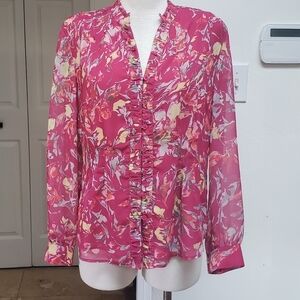 Coldwater Creek Magenta Sheer Fully Lined V- Ruffle Neck Women's Blouse   Size S